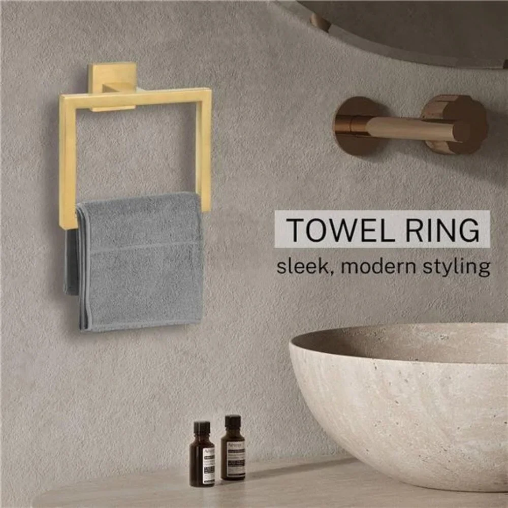 Bathroom towel ring set 2 piece wall mounted brushed gold square hand towel hold